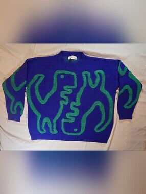 Threaded Leaf Dinosaur Sweater Womens Large Royal Blue Green Knit Fuzzy Intarsia